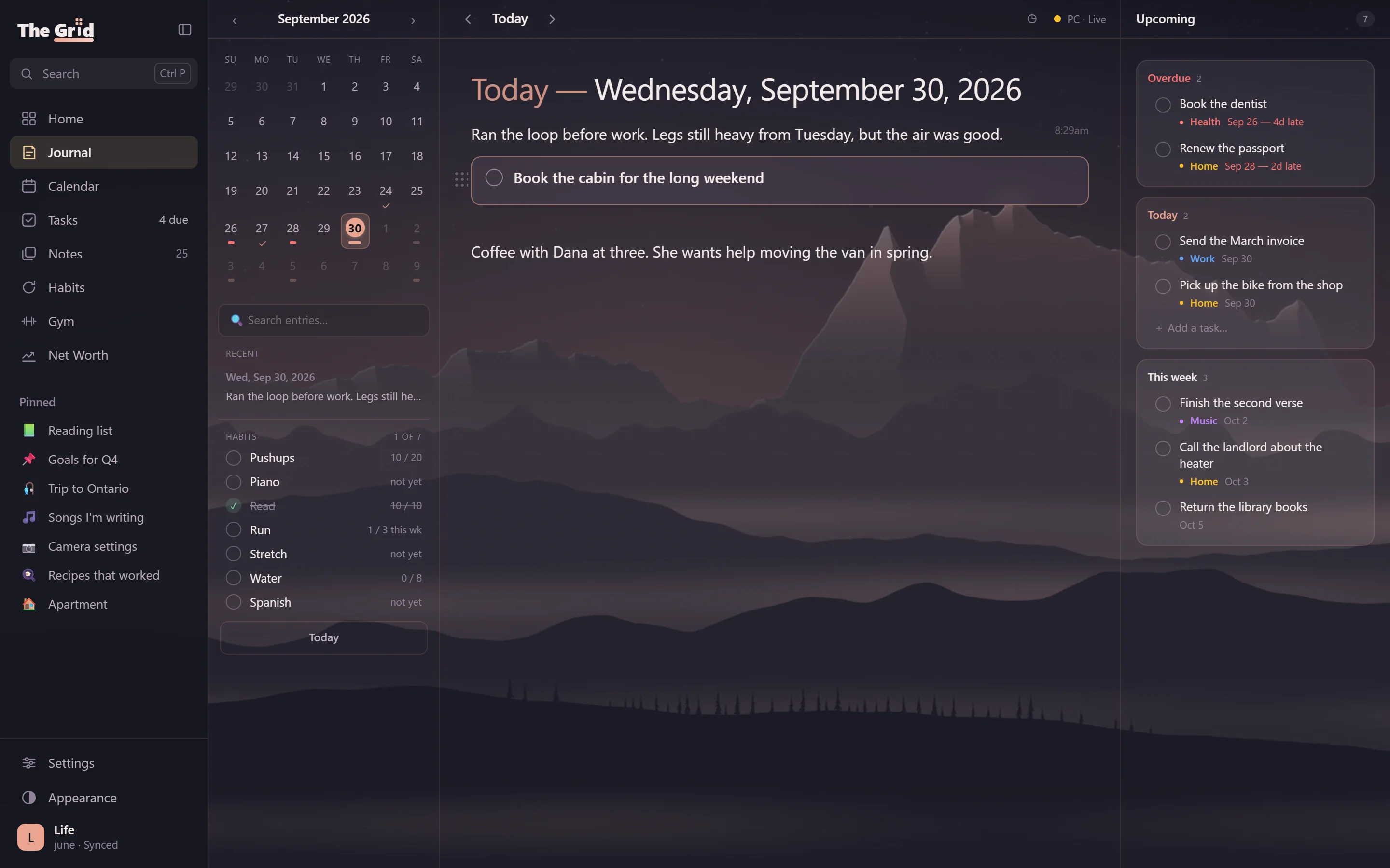 Journal: today's page with a task pill inside it