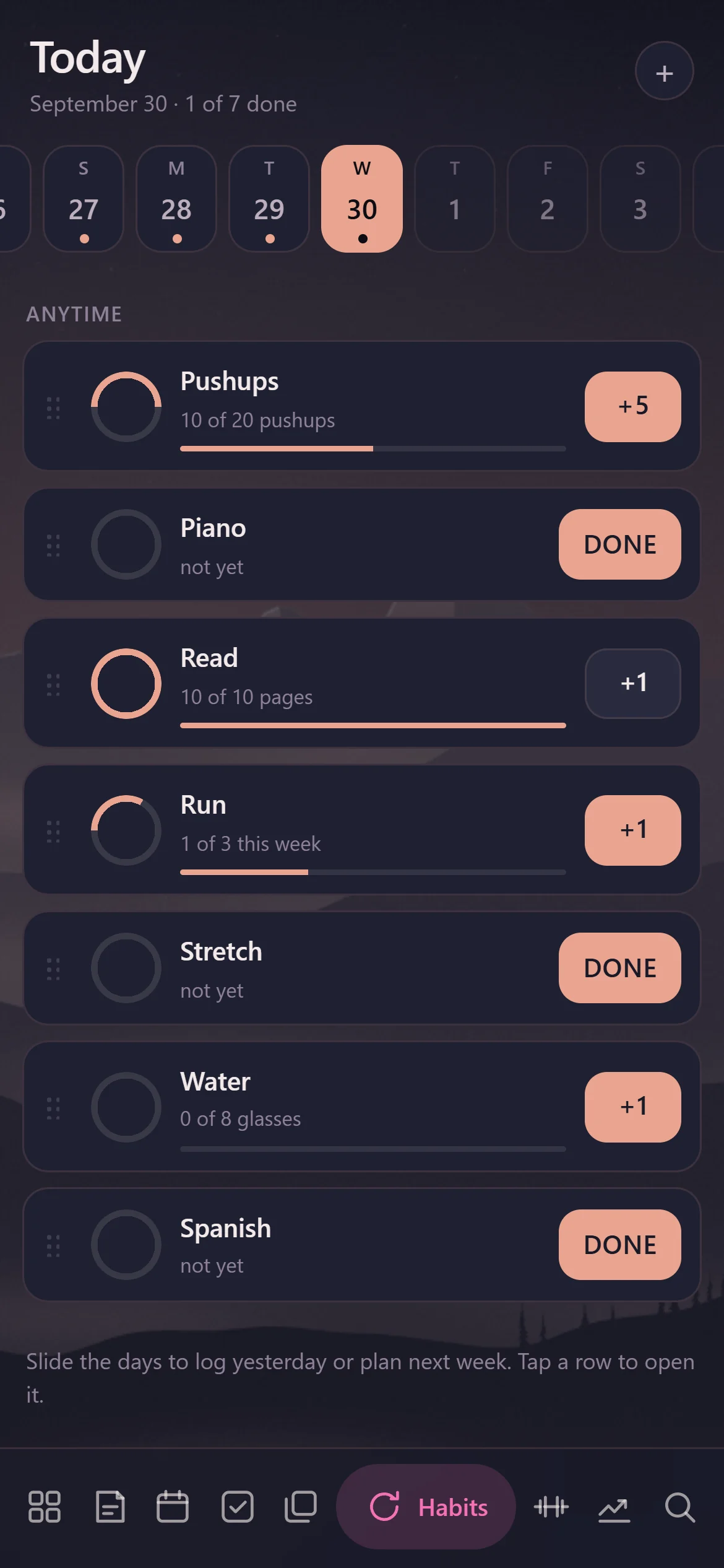 Habits: each habit with the week behind it, on a phone