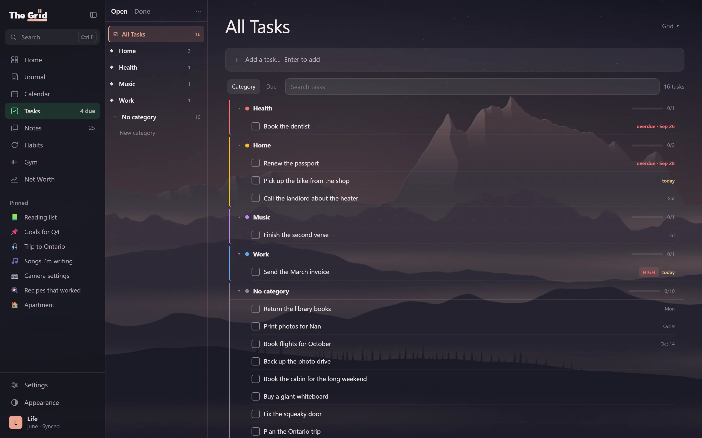 Tasks: every task grouped by category with what is due and what is late
